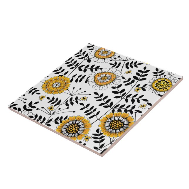 Doodle flowers and leaves in yellow and black ceramic tile (Side)
