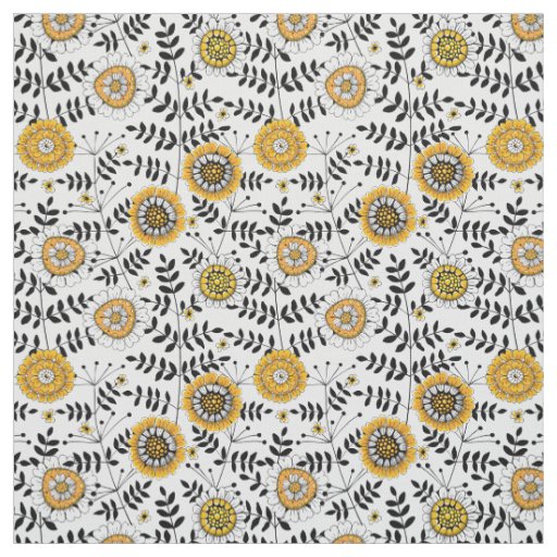 Doodle flowers and leaves in yellow and black fabric