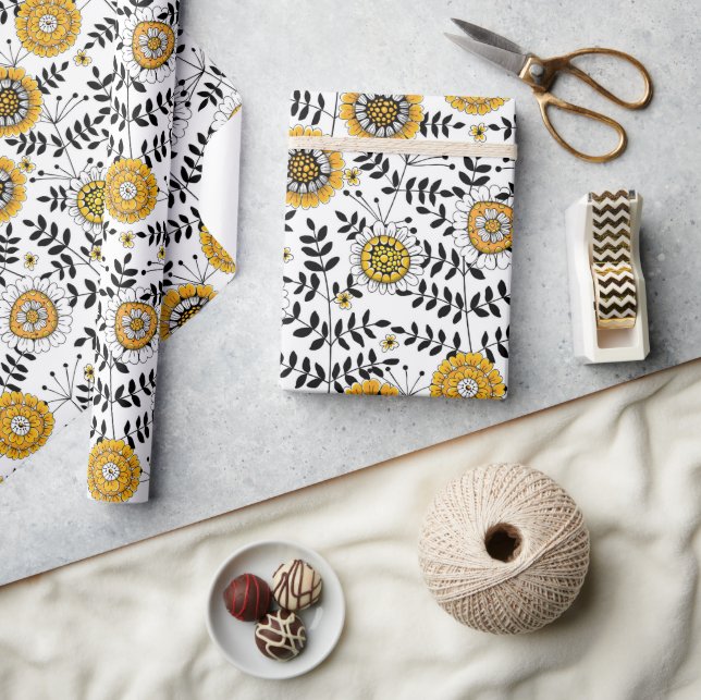 Doodle flowers and leaves in yellow and black wrapping paper (Crafts)