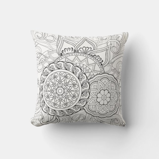 Doodle Flowers And Mandalas Throw Pillow (Front)