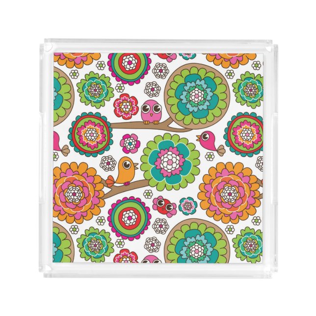 doodle flowers background pattern acrylic tray (Front)