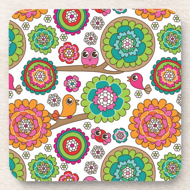 doodle flowers background pattern beverage coaster (Front)