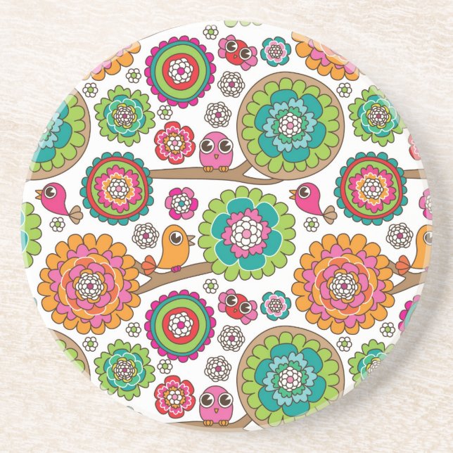 doodle flowers background pattern drink coaster (Front)