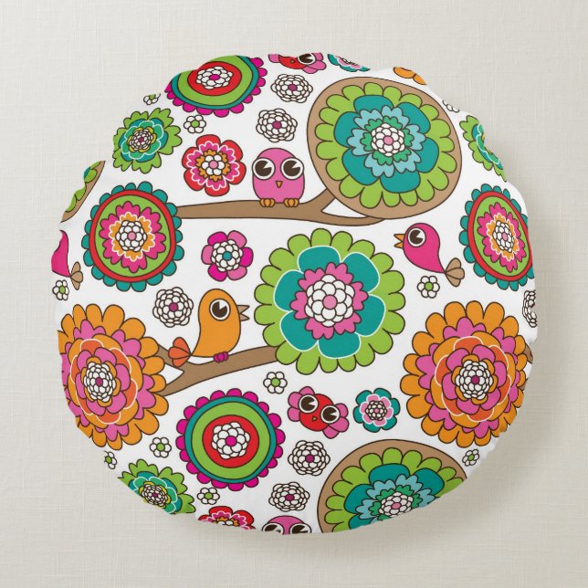 doodle flowers background pattern round pillow (Front)