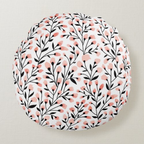 Doodle Flowers Coral Floral Seamless Round Pillow