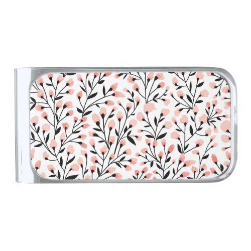 Doodle Flowers Coral Floral Seamless Silver Finish Money Clip