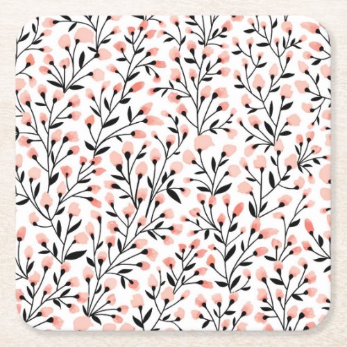Doodle Flowers Coral Floral Seamless Square Paper Coaster