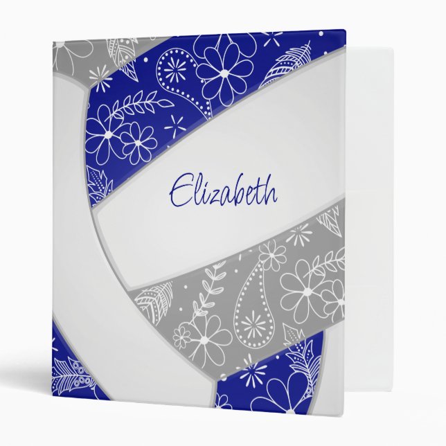 doodle flowers feathers blue gray boho volleyball 3 ring binder (Front/Inside)