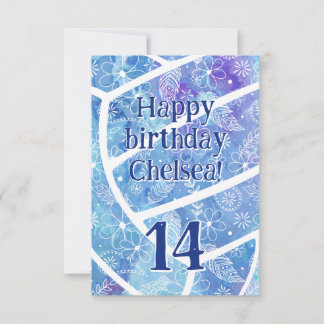 Doodle flowers feathers blue volleyball birthday card