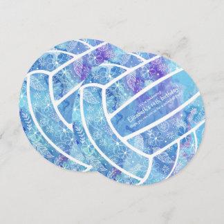 Doodle flowers feathers blue volleyball party invitation