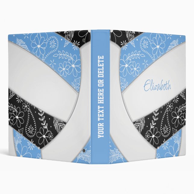 doodle flowers feathers lt blue black volleyball 3 ring binder (Background)
