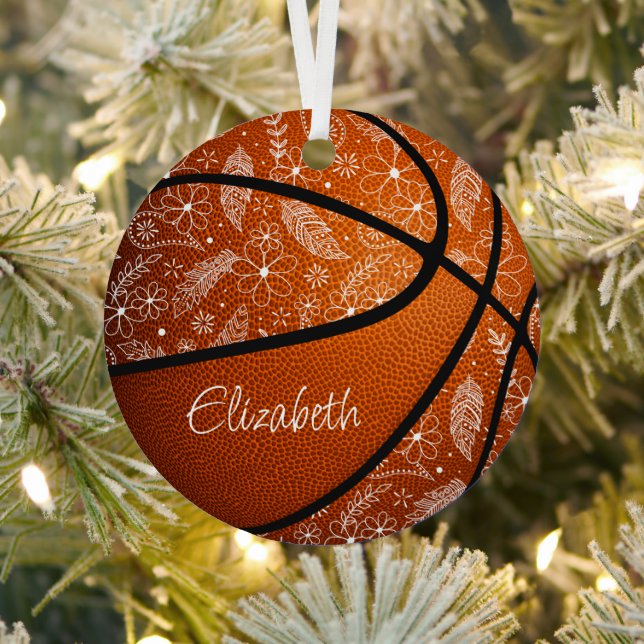 doodle flowers feathers paislies boho basketball metal ornament (Insitu)
