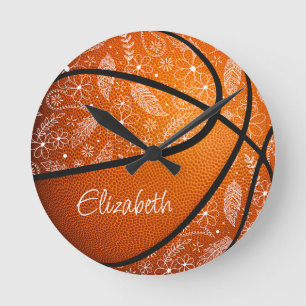 doodle flowers feathers paislies boho basketball round clock