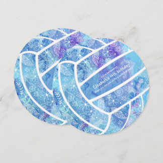 Doodle flowers feathers pattern blue volleyball invitation