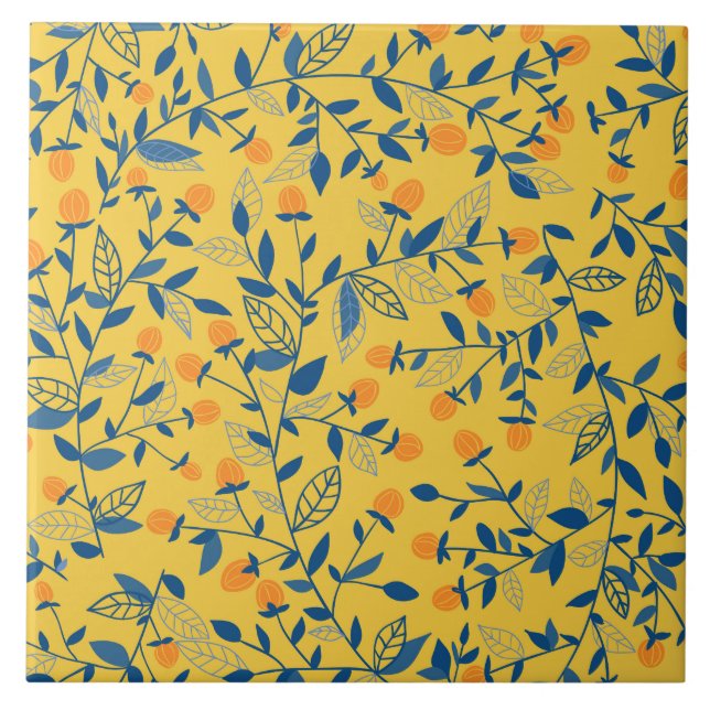 Doodle flowers in blue and yellow ceramic tile (Front)