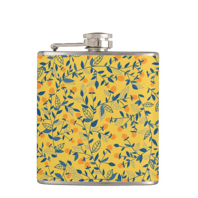 Doodle flowers in blue and yellow flask (Front)