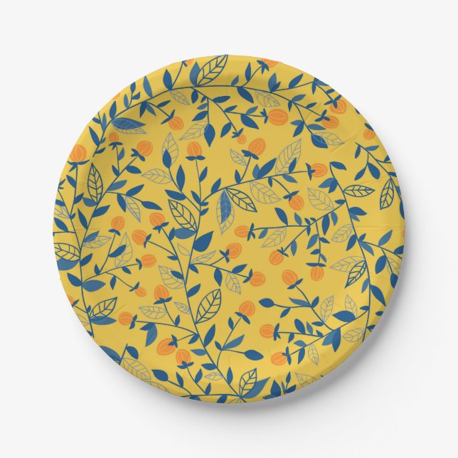 Doodle flowers in blue and yellow paper plates (Front)
