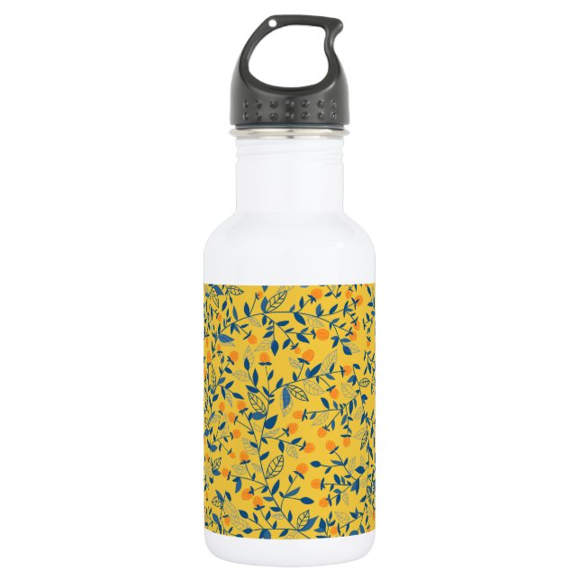 Doodle flowers in blue and yellow stainless steel water bottle (Front)