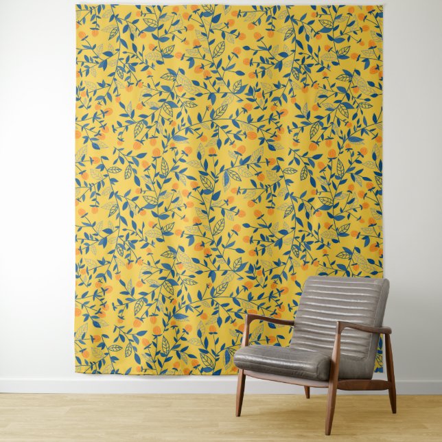 Doodle flowers in blue and yellow tapestry (In Situ)