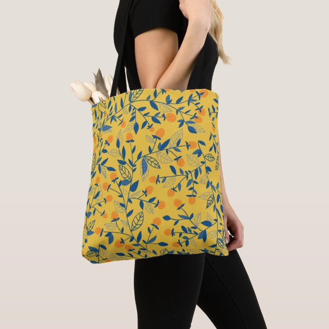 Doodle flowers in blue and yellow tote bag (Close Up)