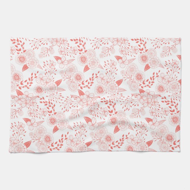 Doodle flowers in living coral kitchen towel (Horizontal)