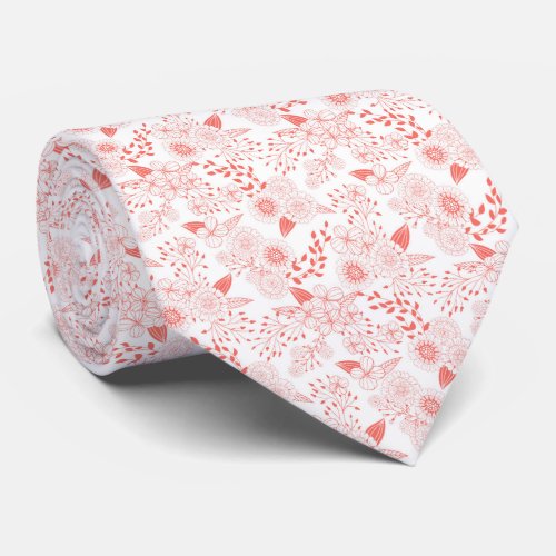 Doodle flowers in living coral neck tie