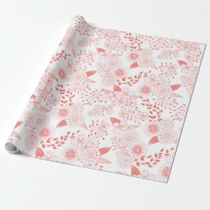 Doodle flowers in living coral wrapping paper