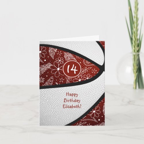 doodle flowers maroon basketball girls birthday card