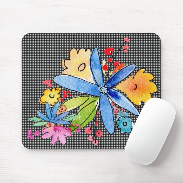 Doodle Flowers On Gingham Mouse Pad (With Mouse)