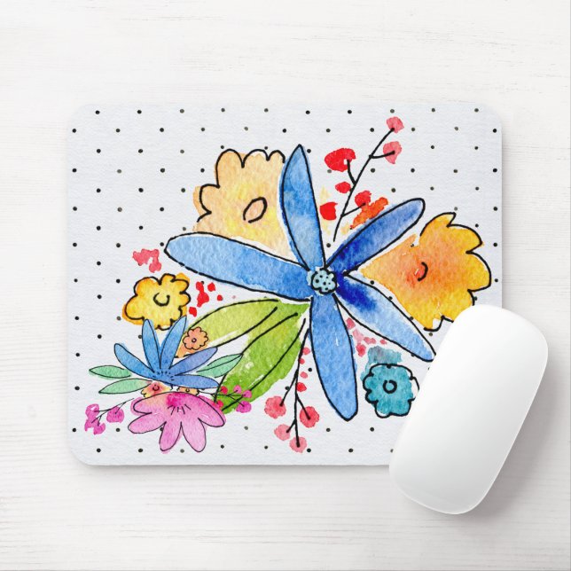 Doodle Flowers On Polka Dot Mouse Pad (With Mouse)