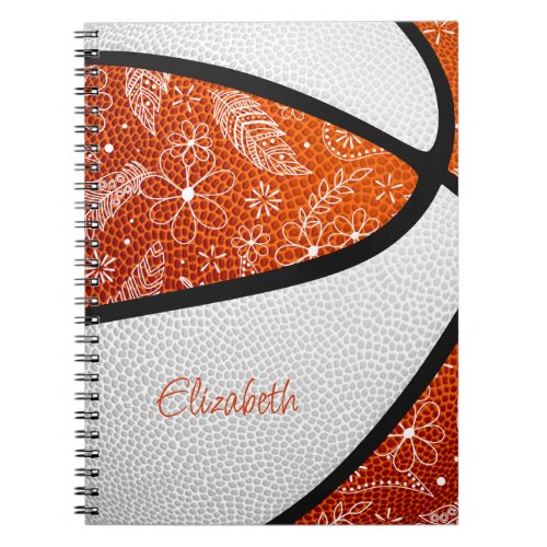 doodle flowers orange white boho basketball notebook