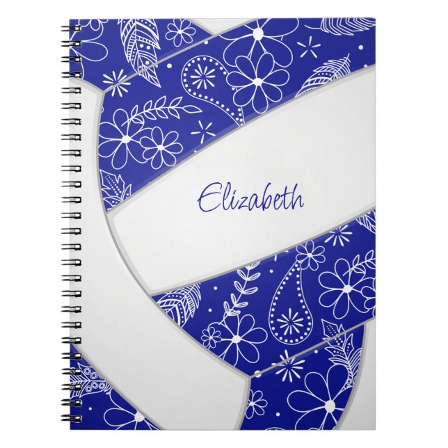 doodle flowers paislies blue white volleyball notebook (Front)