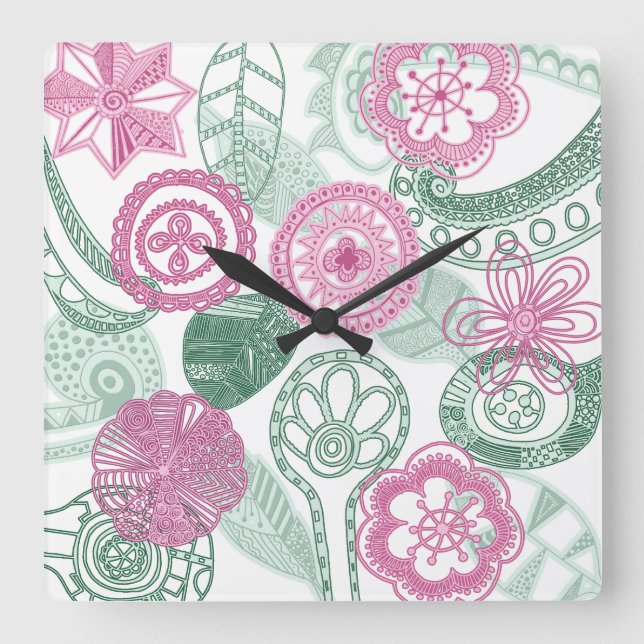 doodle flowers square wall clock (Front)