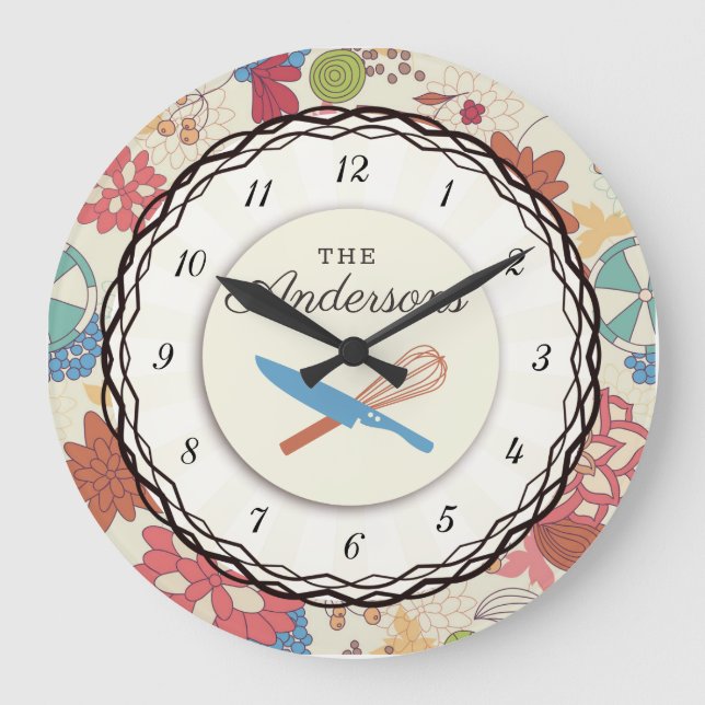 Doodle flowers utensils personalized kitchen large clock (Front)