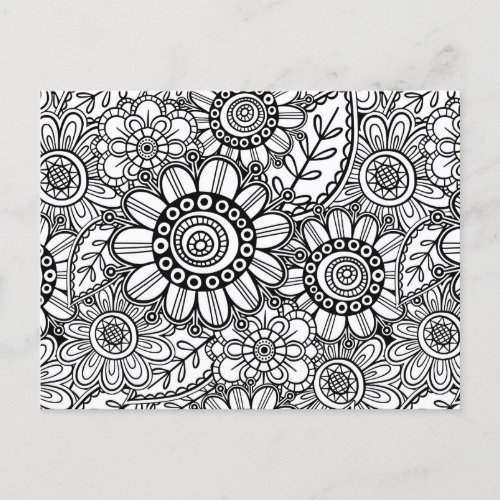 Doodle Folk Art Floral Line Drawing Pattern Postcard