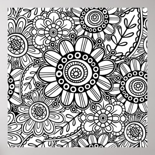 Doodle Folk Art Floral Line Drawing Pattern Poster