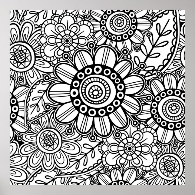 Doodle Folk Art Floral Line Drawing Pattern Poster (Front)
