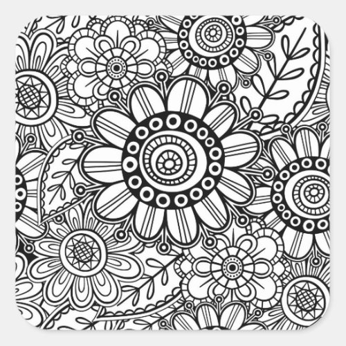 Doodle Folk Art Floral Line Drawing Pattern Square Sticker