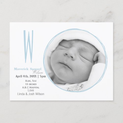 Doodle frame Monogram Blue Baby photo Announcement