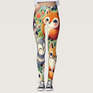 doodle funny cartoon, animal pattern happy fun, l leggings