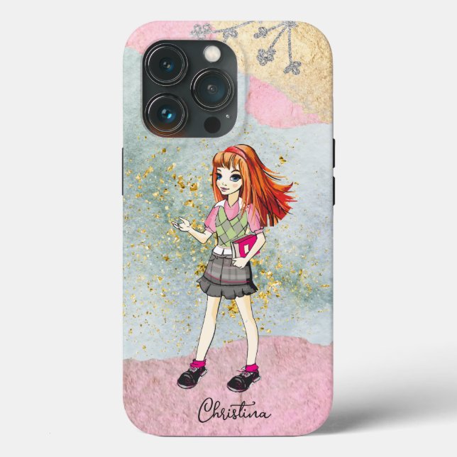 Doodle Girl With Red Hair Gold Name Case-Mate iPhone Case (Back)