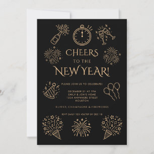 Doodle Gold Black Cheers to New Year Party Invitation