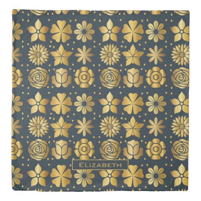 Doodle golden floral pattern personalized name  duvet cover (Front)