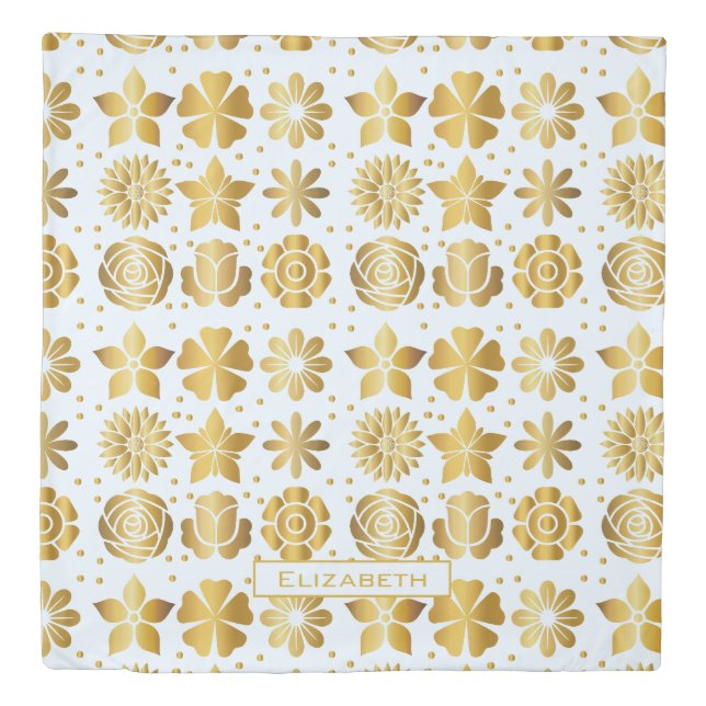 Doodle golden floral pattern personalized name duvet cover (Front)