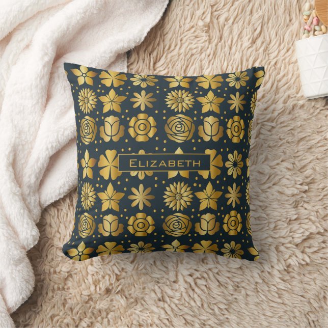 Doodle golden floral pattern personalized name throw pillow (Blanket)