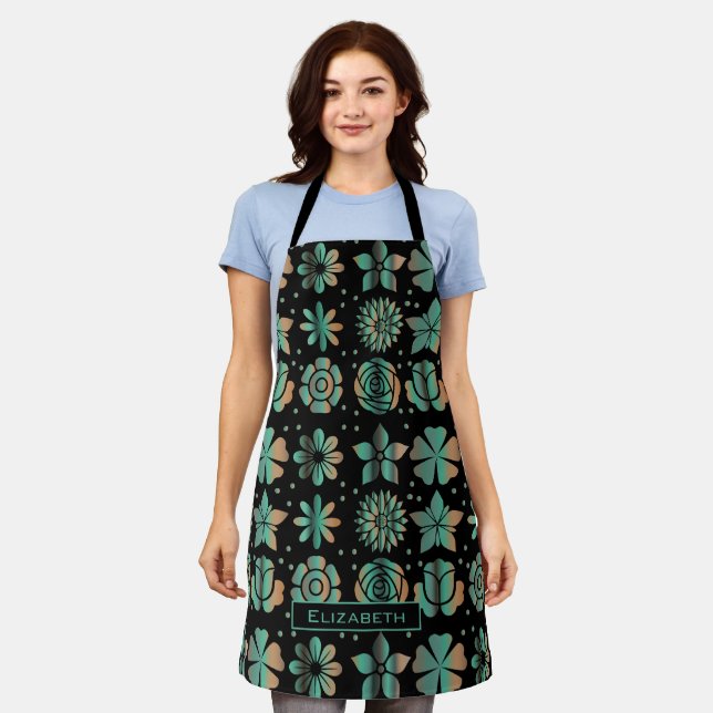 Doodle greenery floral pattern personalized name apron (Worn)