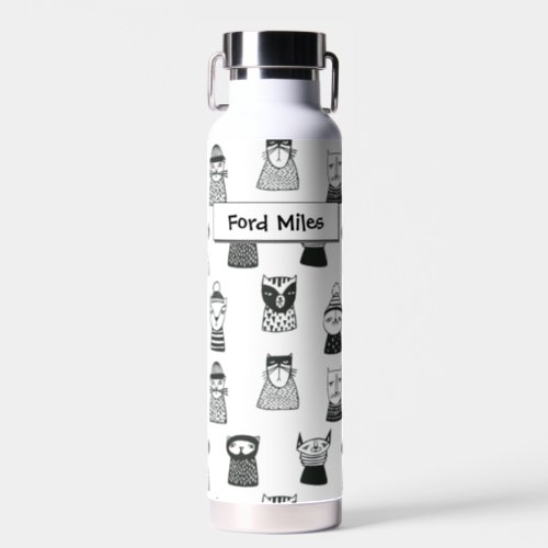 Doodle Grumpy Cats Black and White pattern Water Bottle