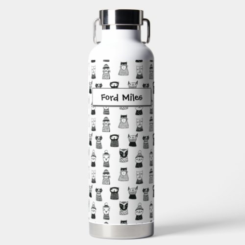 Doodle Grumpy Cats Black and White pattern Water Bottle