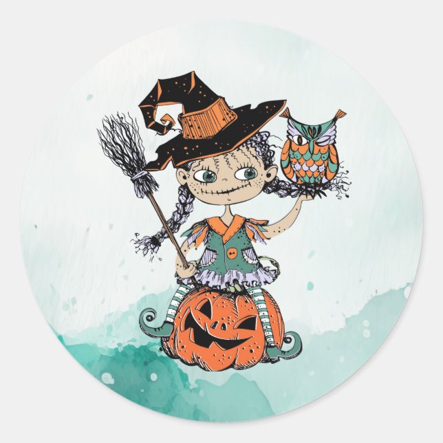 Doodle Halloween Witch & Owl Classic Round Sticker (Front)