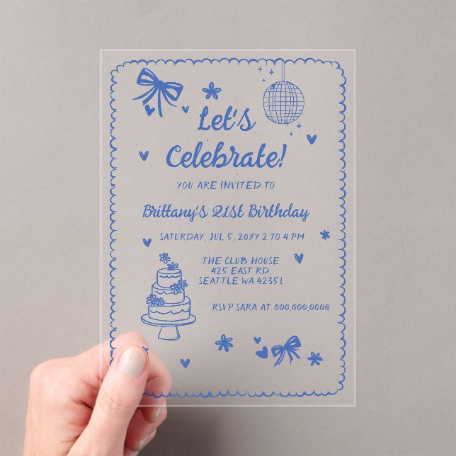 Doodle Hand drawn Blue Bow Disco Ball Birthday Acrylic Invitations (Insitu (Handheld))